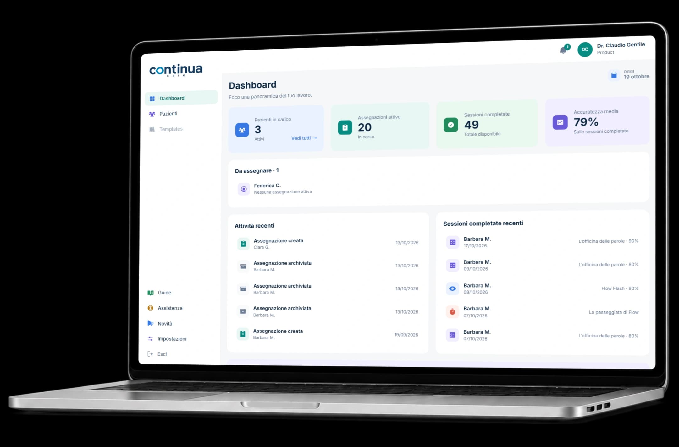 Dashboard del professionista in Continua Care su laptop: pazienti in carico, assegnazioni, sessioni completate e attività recenti.
